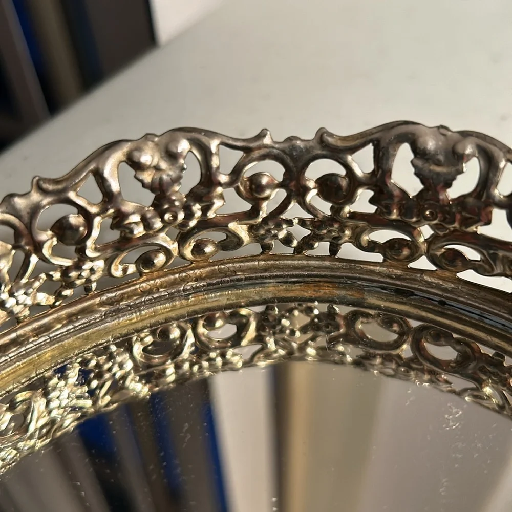 Vintage gold tone mirrored filigree vanity dresser mirror - tray